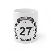 White ceramic 27th anniversary printed coffee mug, 11oz capacity, ideal gift for anniversaries