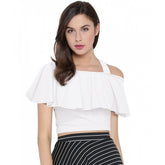 White hosiery crop top for women's western wear, sleeveless with plain design