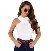 Women's white hosiery sleeveless T-shirts for western wear, plain pattern design on display