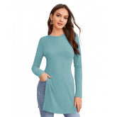 Light blue hosiery T-shirt for women's western wear, full sleeve with round neck, plain pattern