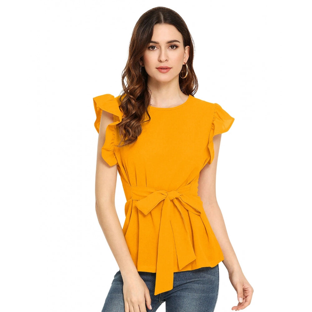 Yellow hosiery t-shirts for women's western wear, sleeveless and round neck