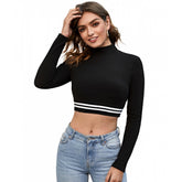 Black hosiery crop top, women's western wear full-sleeve with closed neck, plain pattern for fashionable everyday wear