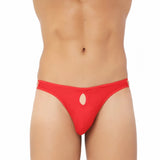 Red cotton spandex brief thong underwear with front open hole and notch, model on display