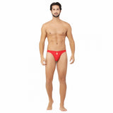 Red cotton spandex men's thong underwear with front hole, lace detail on side