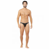 Black bamboo spandex men's underwear for heat regulation, UV protection, sweat resistance. Close-up image of non-returnable black bikini briefs made with ultra-fresh fabric