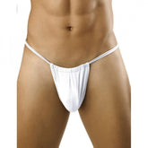 White cotton spandex men's g-string pouch underwear, flattering unlined cut for comfort and enhancement