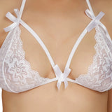 White lace solid sheer lingerie set, featuring floral cotton lace bralette & panty, perfect for romantic occasions