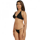 Black Nylon Spandex Women's Sexy Bikini Set - Lace Embellished, High Stretch, Side Tie Closure