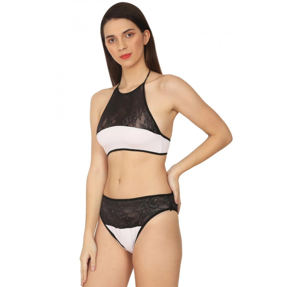 Black and white cotton lace halter neck lingerie set - elegant, breathable, and perfect for special occasions