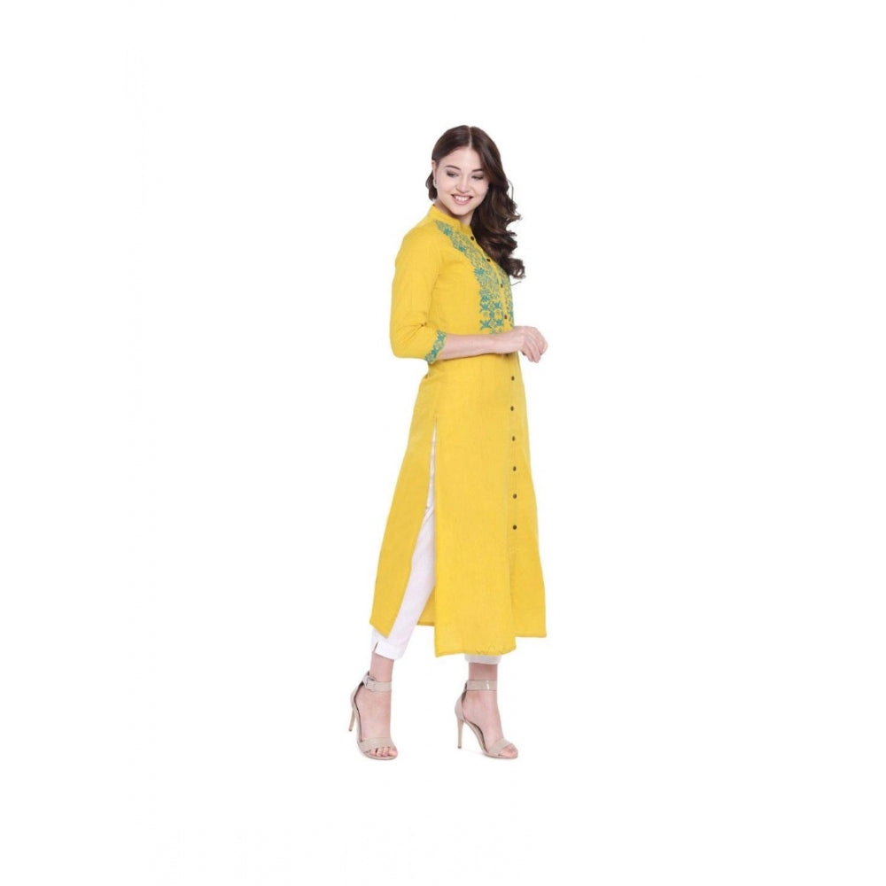 Yellow Khadi embroidered kurti, traditional mandarin neck and three-quarter sleeves on a hangar