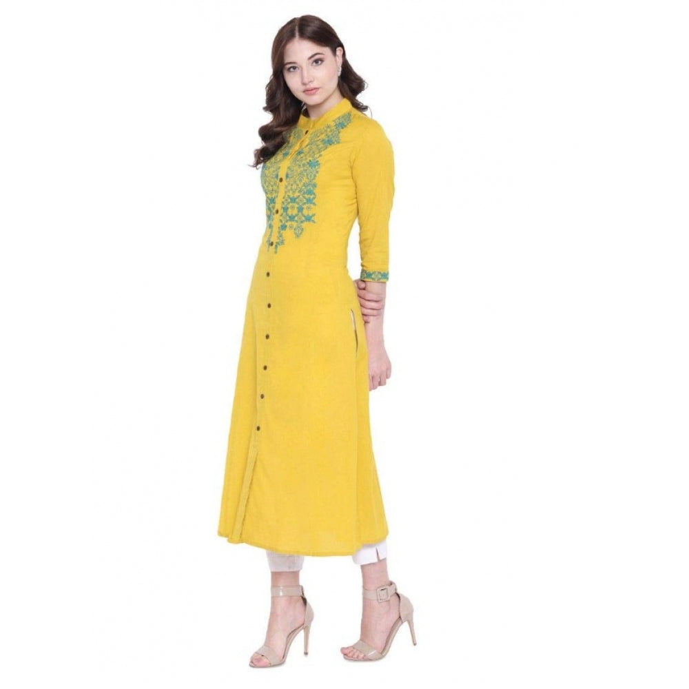 Yellow Khadi embroidered kurti, traditional mandarin neck and three-quarter sleeves for women's ethnic wear