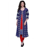 Blue and Red Women's Cotton Printed Long Kurti, U Neck, three-fourth sleeves