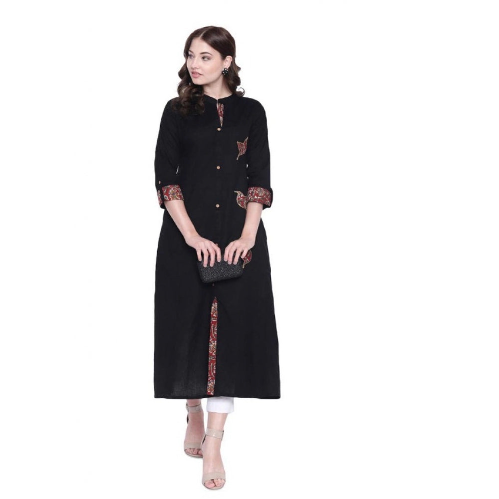 Black Khadi Printed A Line Kurti, Mandarian neck, three quarter sleeves