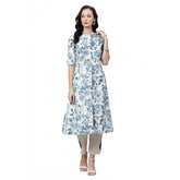 White & Blue Cotton Printed Floral Kurti with Mandarin Neck and Roll-Up Sleeves for women