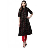 Black cotton printed A line kurti with mandarin neck and roll up sleeves for women's fashion, close-up detail view