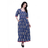 Blue cotton printed Anarkali kurti for women, round neck, three-quarter sleeves