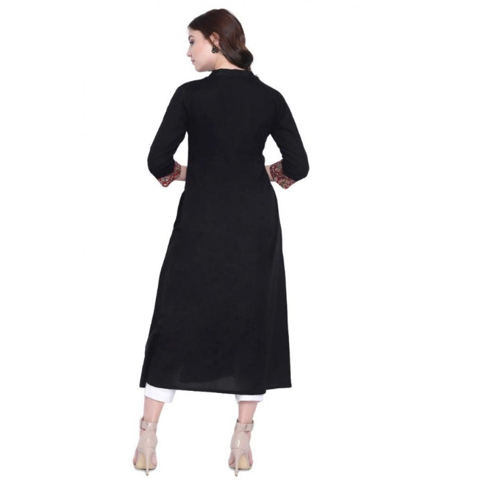 Black Khadi printed A line kurti, traditional Mandarin neck with three-quarter sleeves