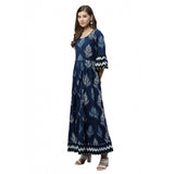 Blue cotton printed regular kurti, round neck, three-quarter sleeves for women's fashion, on hanger