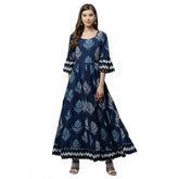 Women's Cotton Printed Regular Kurti (Blue, Cotton )