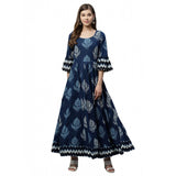 Blue cotton printed regular kurti with round neck, three fourth sleeves on model