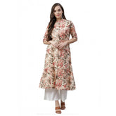 Multicolor cotton printed floral kurti with mandarin neck and roll-up sleeves for women, vibrant floral patterns on display