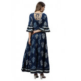 Blue cotton printed regular kurti for women, round neck with three-fourth sleeves