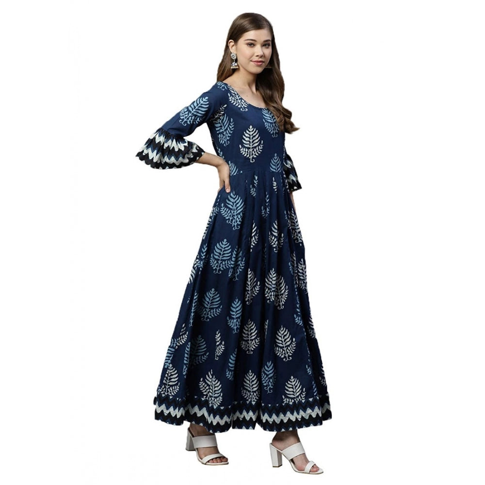 Blue cotton printed regular kurti for women, round neck, three quarter sleeves