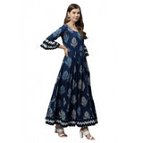 Blue cotton printed regular kurti for women, round neck, three quarter sleeves