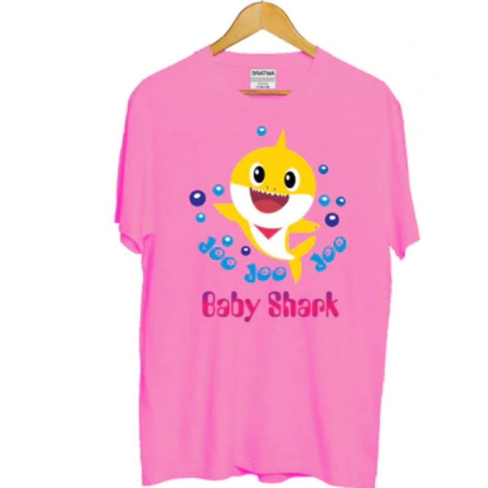 Pink cotton baby shark half sleeve t-shirt for girls with round neckline