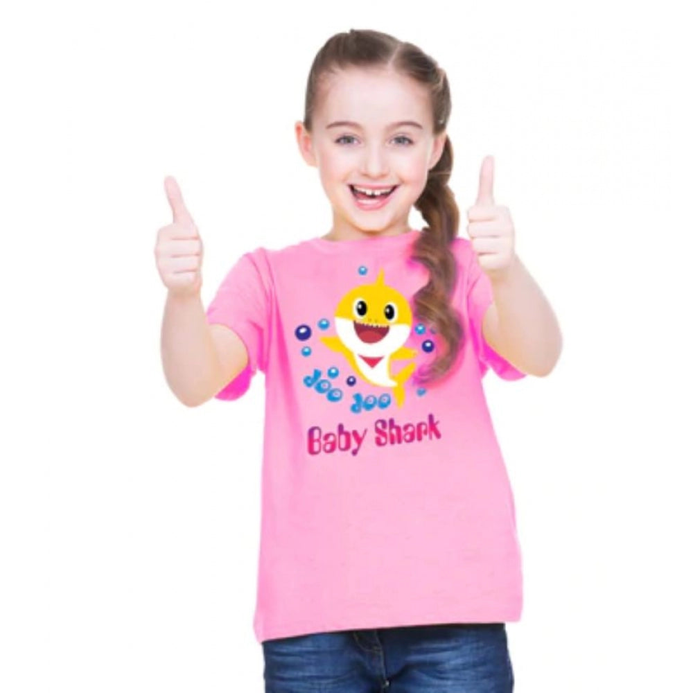 Pink cotton baby shark half sleeve t-shirt for girls, playful marine life design on front