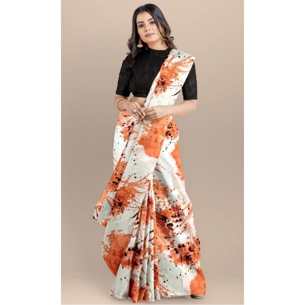 Orange Joya Silk saree with unstitched blouse (5-6 mtrs), printed style and solid Banglory silk blouse work