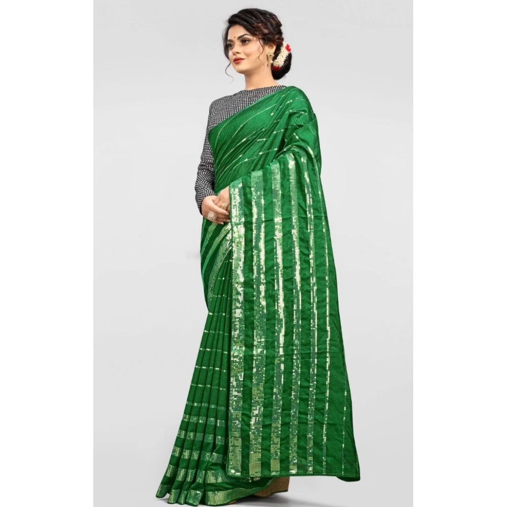 Green Vichitra saree with unstitched brocade blouse, sequence work on display