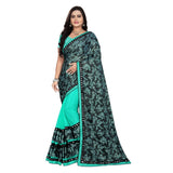 Rama Lycra blend saree with blouse (5-6 mtrs), half-half style, Banglory silk blouse with mirror work, unstitched for party or festive occasions