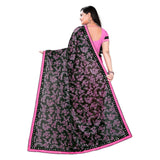 Pink Lycra blend saree with blouse (5-6 mtrs), half-half style, mirrorwork Banglory silk blouse on mannequin