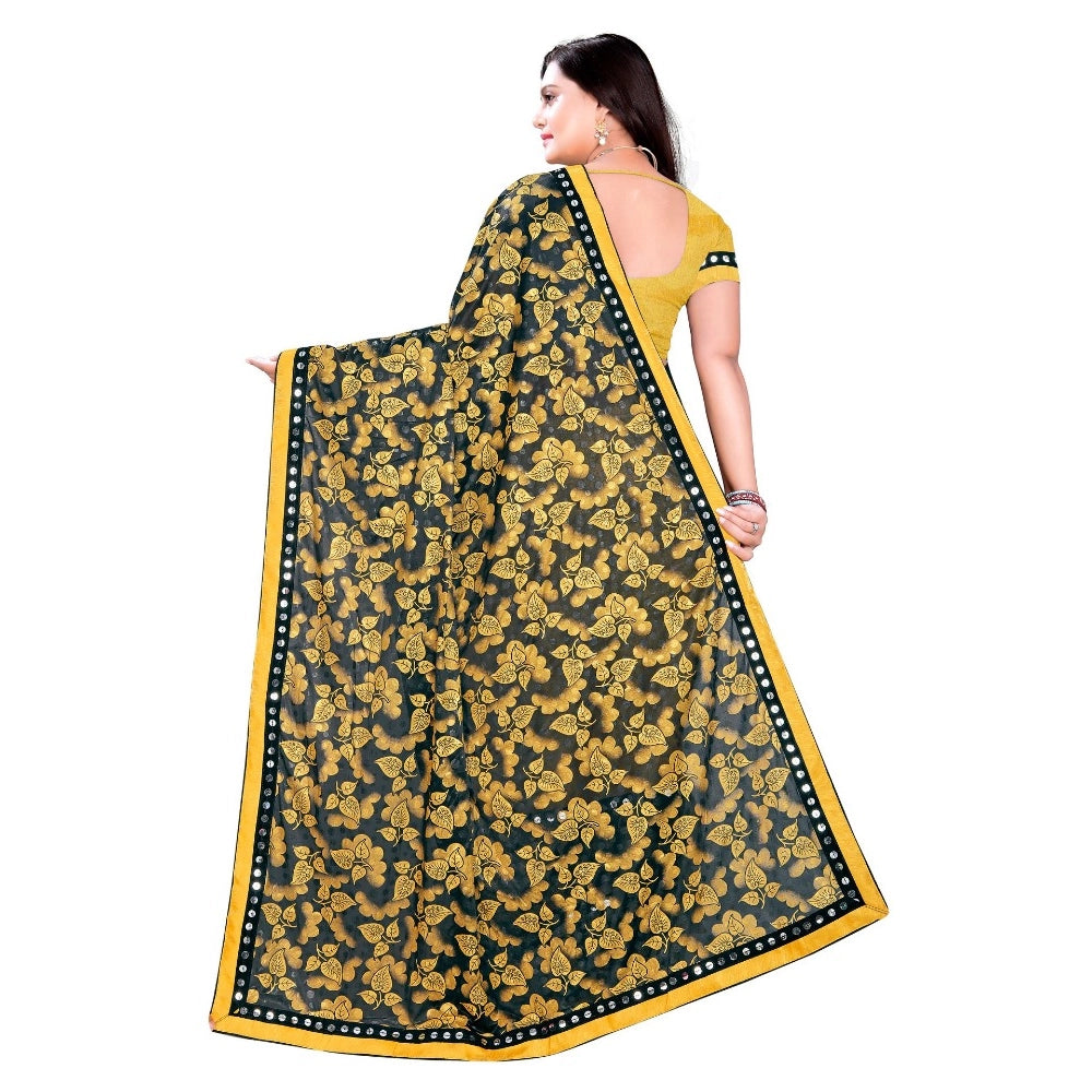 Mustard Lycra blend saree with blouse (5-6 mtrs), half-half style with mirrorwork Banglore silk blouse on display