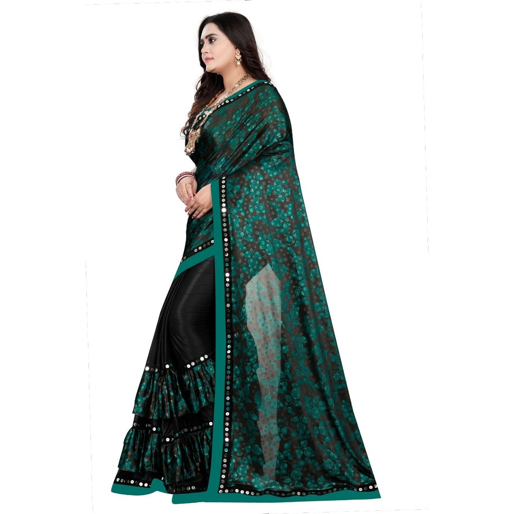 Green Lycra blend saree with blouse (5-6 mtrs), half-half style with mirror work on unstitched Banglore silk blouse