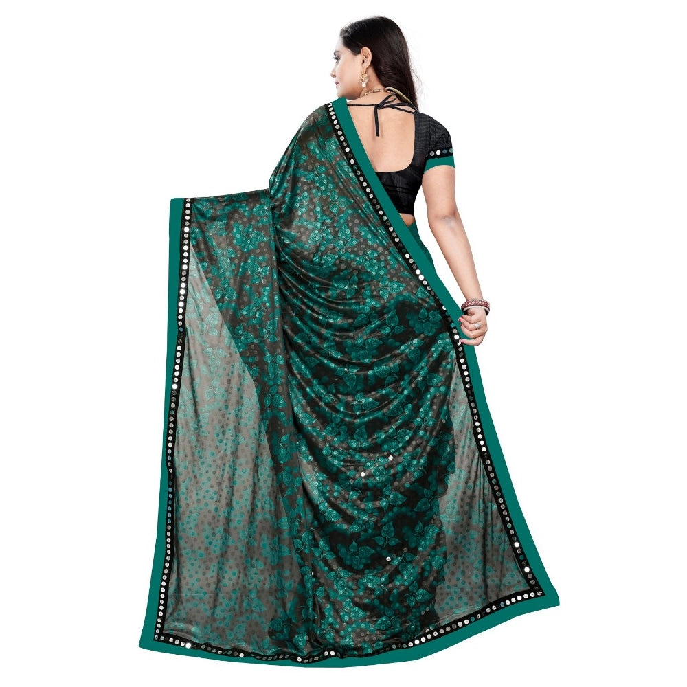 Green Lycra blend saree with blouse (5-6 mtrs), half-half style, unstitched blouse with mirror work on Banglory silk