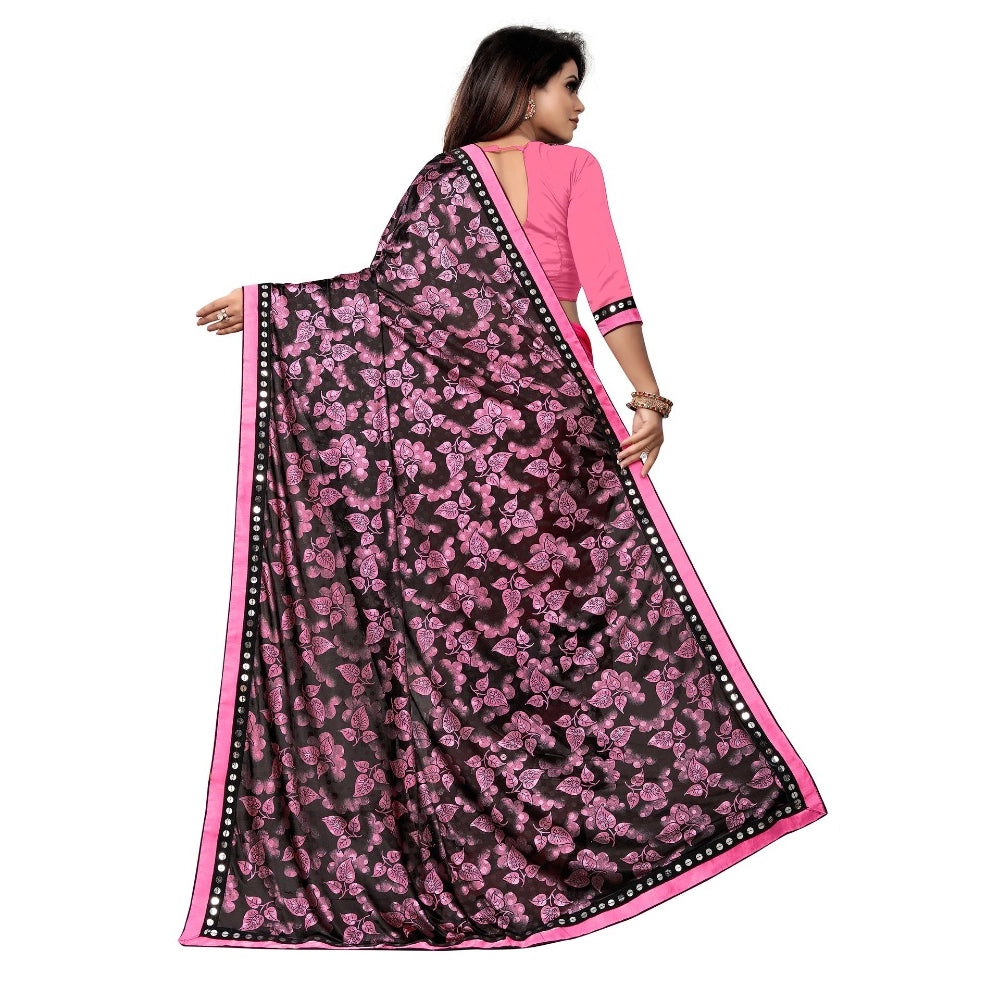 Pink Lycra blend saree with unstitched mirrorwork blouse (5-6 mtrs), ideal for party or festive occasions