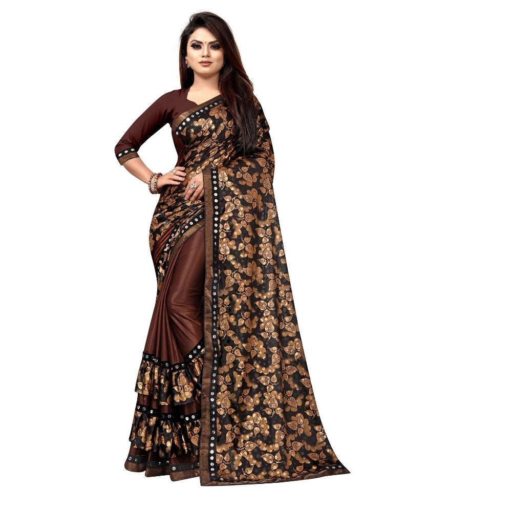 Coffee Lycra blend saree with blouse (5-6 mtrs), half-half style, mirror work on Banglory silk blouse, ideal for party or festive occasions