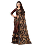 Coffee Lycra blend saree with blouse (5-6 mtrs), half-half style, mirror work on Banglory silk blouse, ideal for party or festive occasions