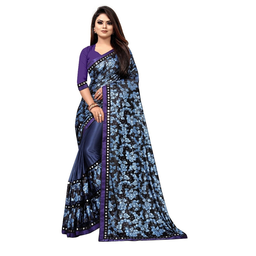 Blue Lycra blend saree with unstitched blouse featuring mirror work, suitable for party or festive occasions (5-6 meters)
