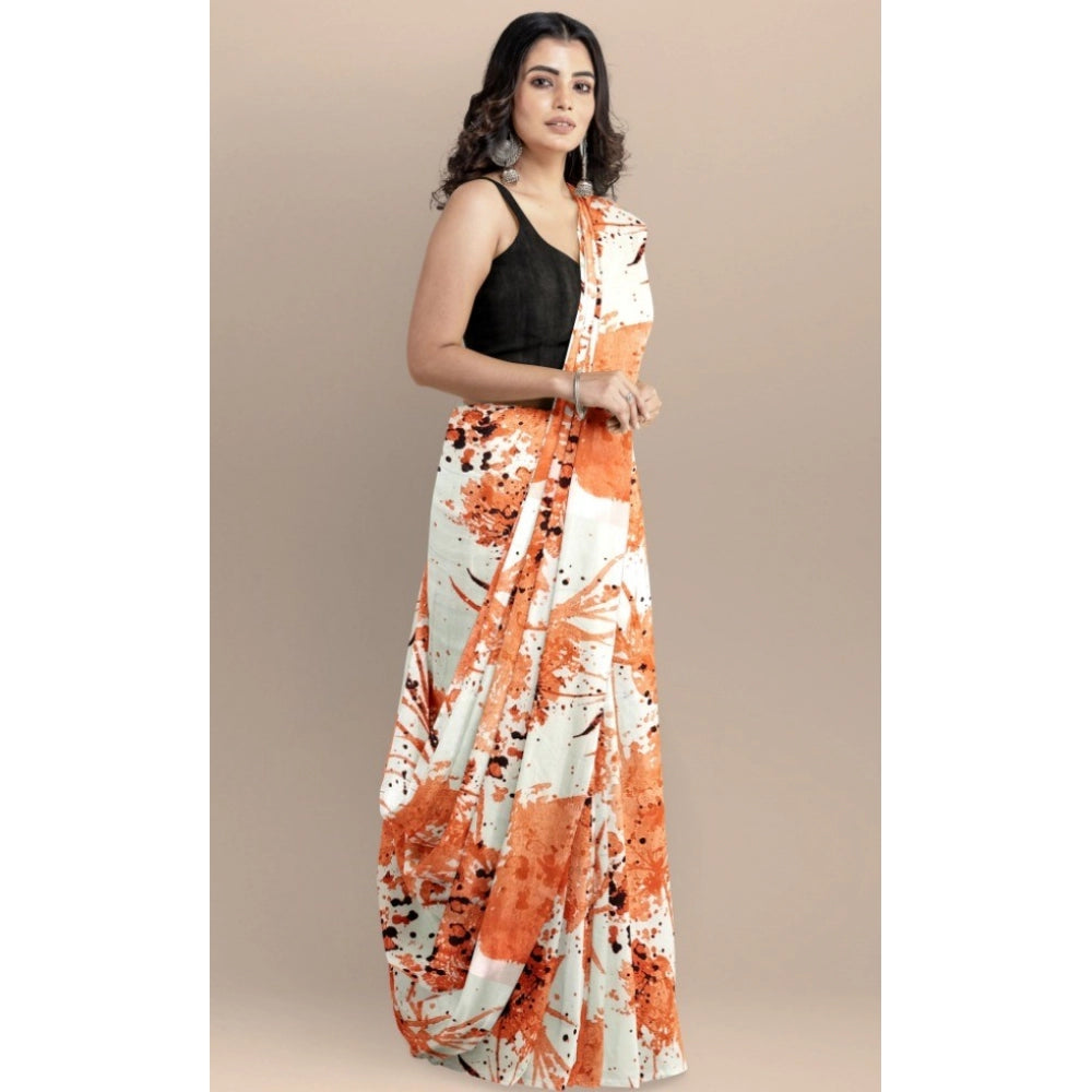Orange Joya silk saree with blouse (5-6 mtrs), vibrant printed design, unstitched blouse in Banglory silk