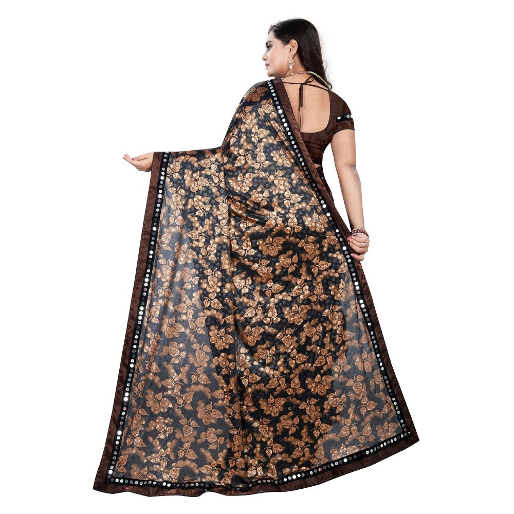Coffee Lycra blend saree with blouse (5-6 mtrs), half-half style, unstitched blouse with mirror work, suitable for party or festive occasions