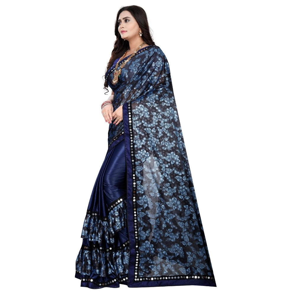 Blue Lycra blend saree with blouse (5-6 mtrs), half-half style, unstitched blouse with mirror work on Banglore silk