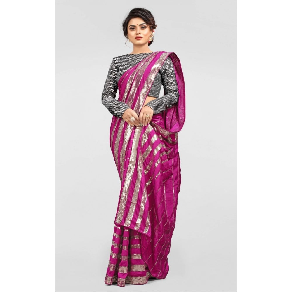 Pink Vichitra saree with blouse (5-6 mtrs), sequin work on party attire, unstitched brocade blouse with printed design