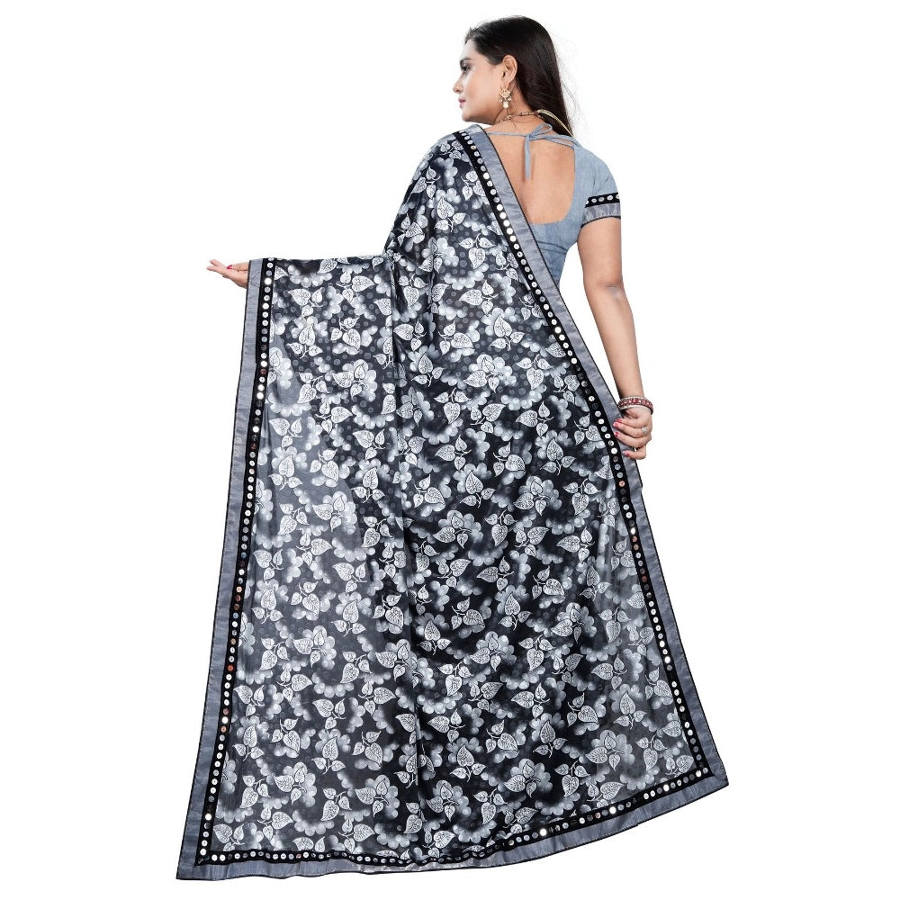Grey Lycra blend saree with blouse (5-6 mtrs), half-half style, unstitched blouse with mirror work on Banglore silk