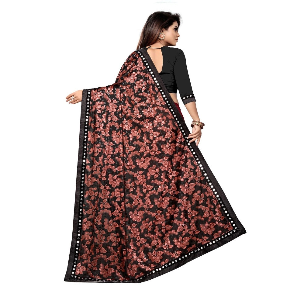 Red Lycra blend saree with unstitched blouse (5-6 mtrs), half-half style, mirrorwork Banglory silk blouse on mannequin