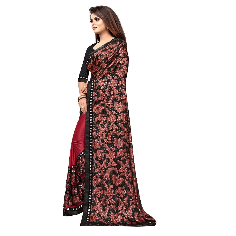 Red Lycra blend saree with blouse (5-6 mtrs), half-half style, mirror work on unstitched Banglore silk blouse for festive parties