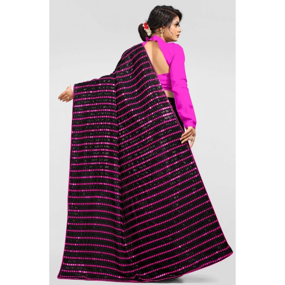 Pink Vichitra saree with unstitched brocade blouse (5-6 mtrs), adorned with sequence work for party wear