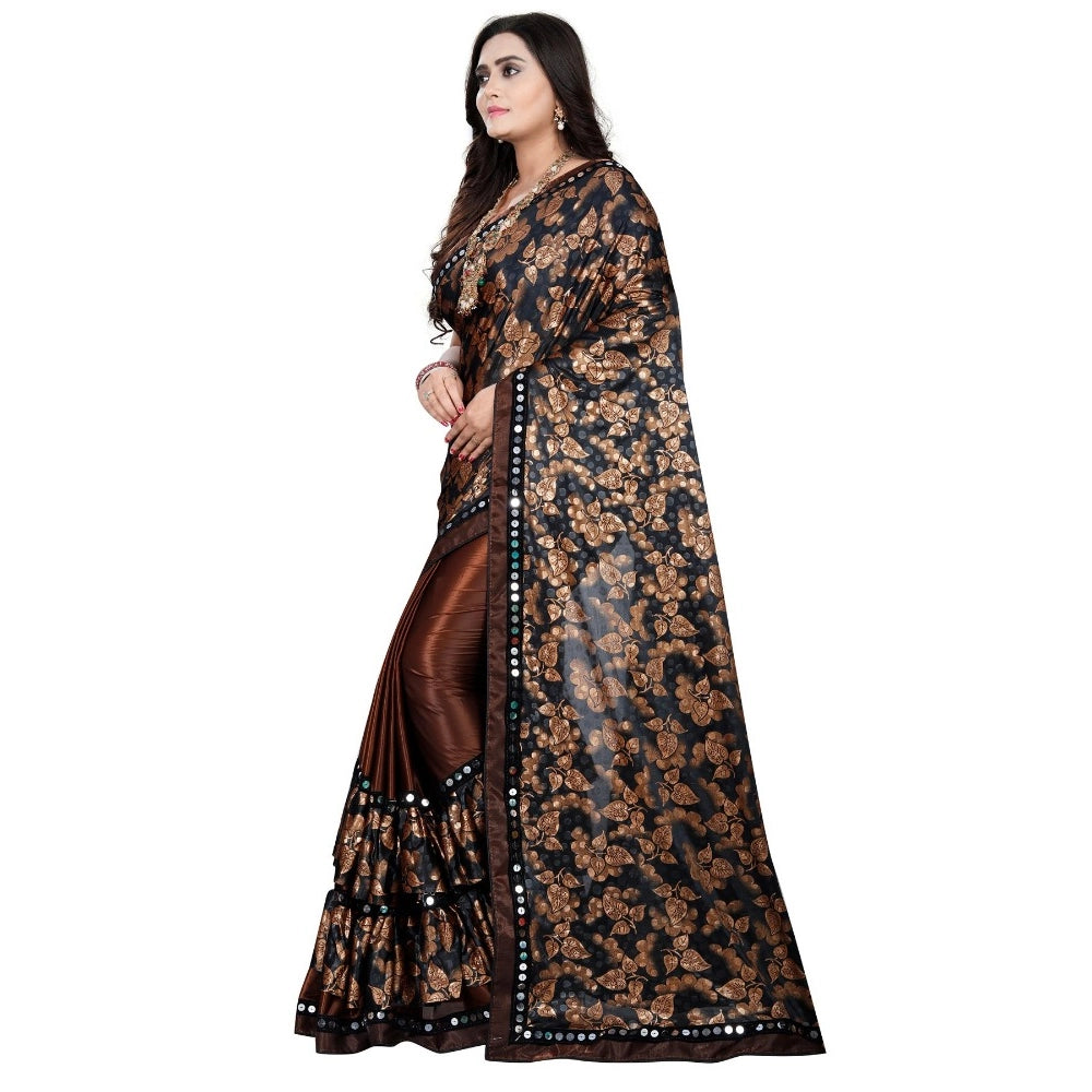 Coffee Lycra blend saree with blouse (5-6 mtrs), half-half style with mirror work Banglory silk blouse on display